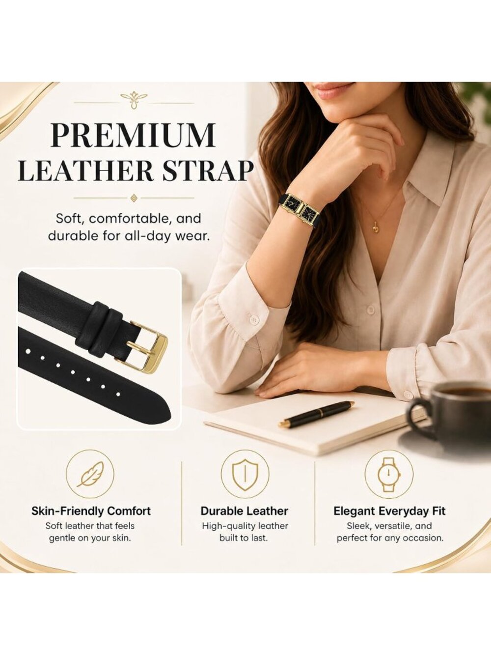 Women's All Black Leather Quartz Dual Square Dial Vintage Dress Wrist Watches - Picture 5 of 7